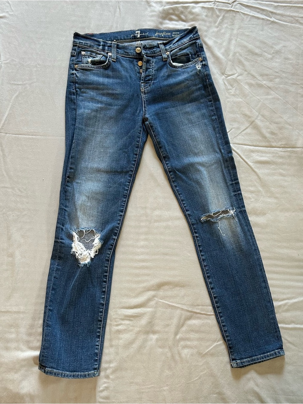 7 For All Mankind Distressed Dark Blue Skinny Boyfriend Jeans